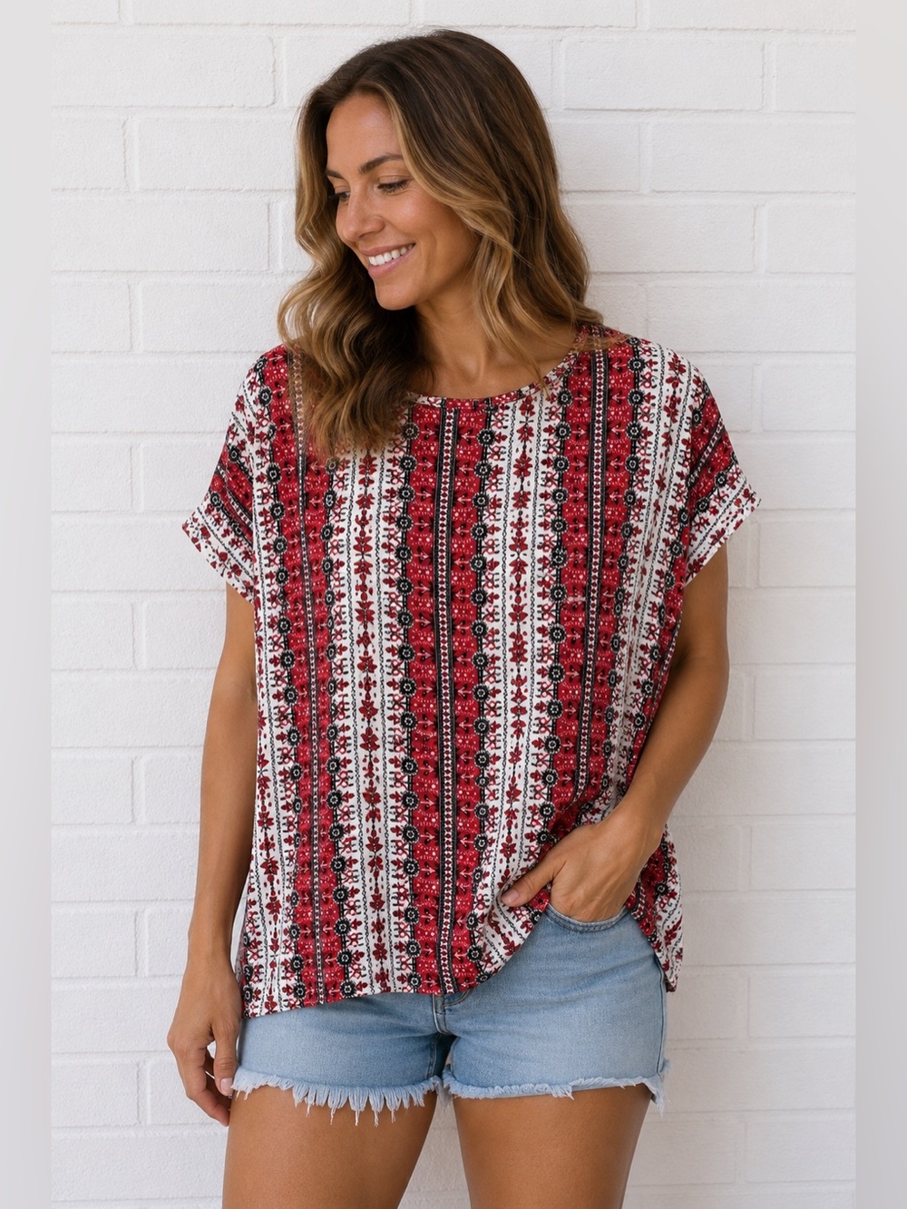 J. Jill Wearever Collection Rayon Red Boho Geometric Print Stretch Top Medium